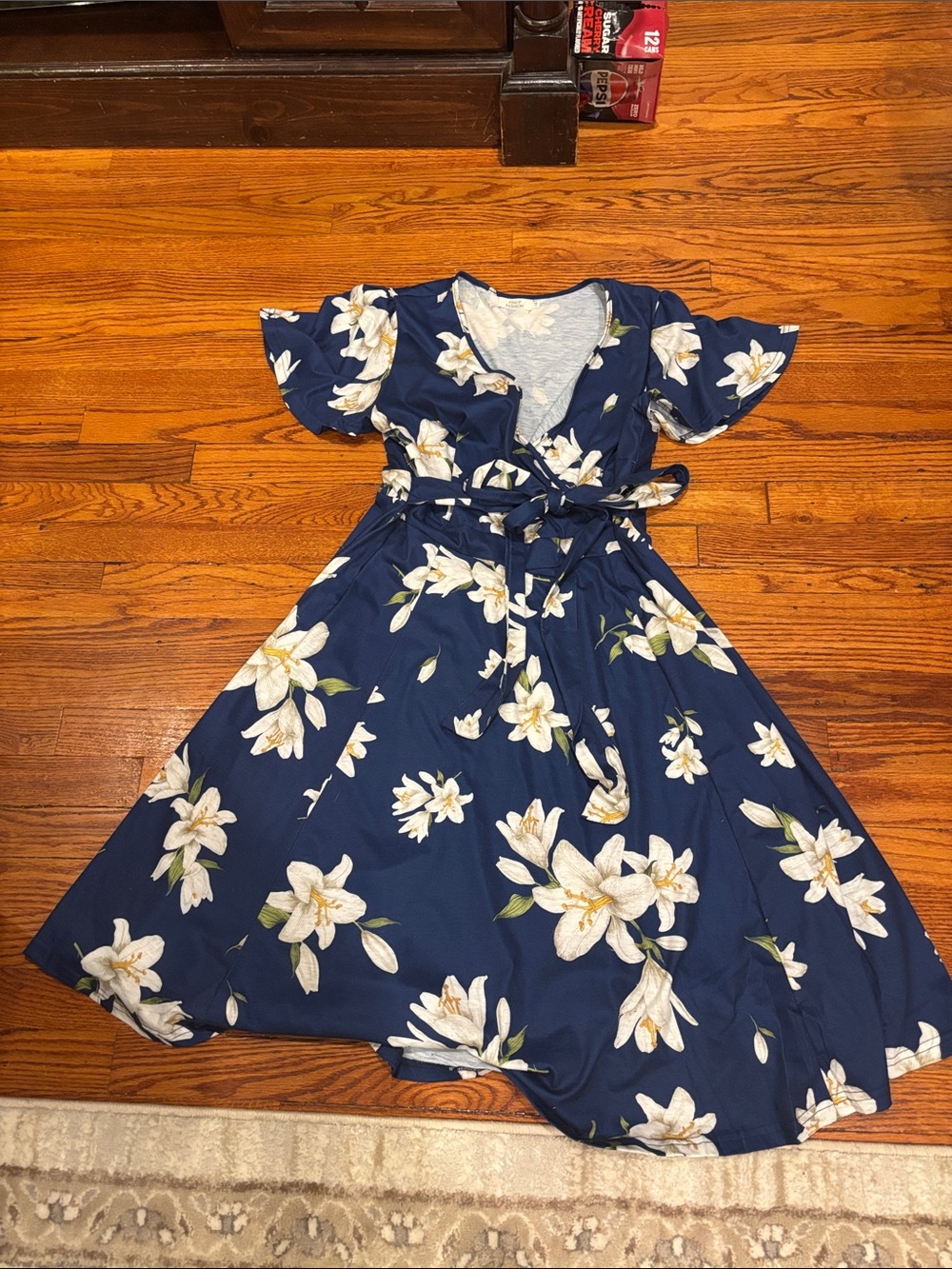 Women’s Navy Floral Wrap Dress with attached Belt